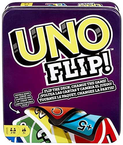 Mattel Games Juego de cartas UNO Flip!, juego de mesa en lata para niños +7 años (Mattel GDG37)